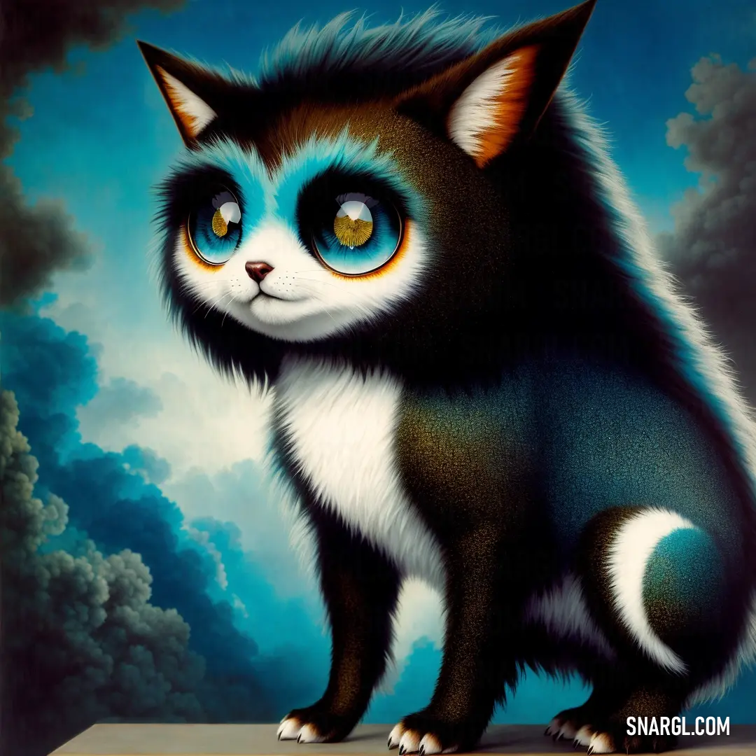 Painting of a cat with blue eyes and a black tail on a ledge with clouds in the background