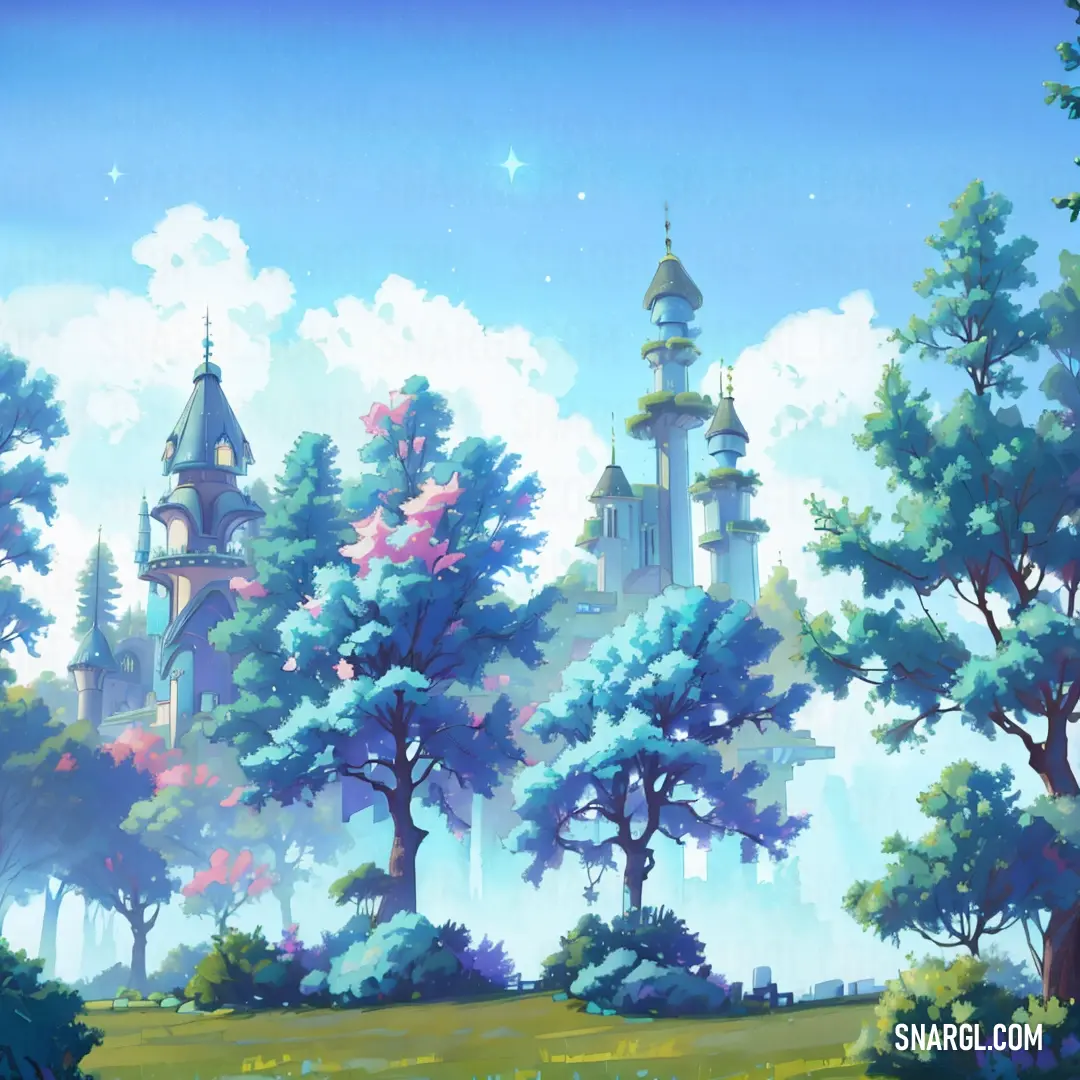 Painting of a forest with a castle in the background and a sky background with clouds and stars above