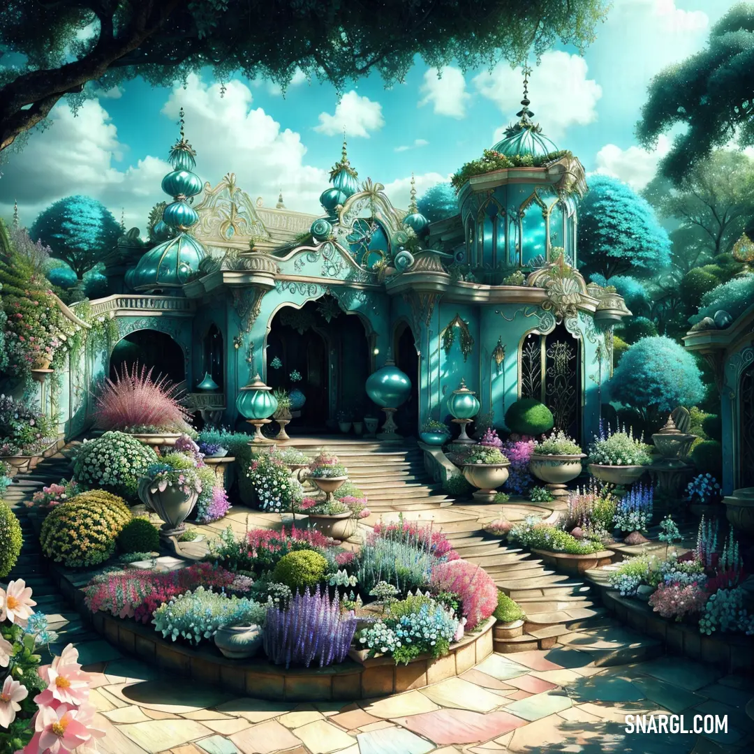 Painting of a garden with a gazebo and a lot of flowers in it and a sky background