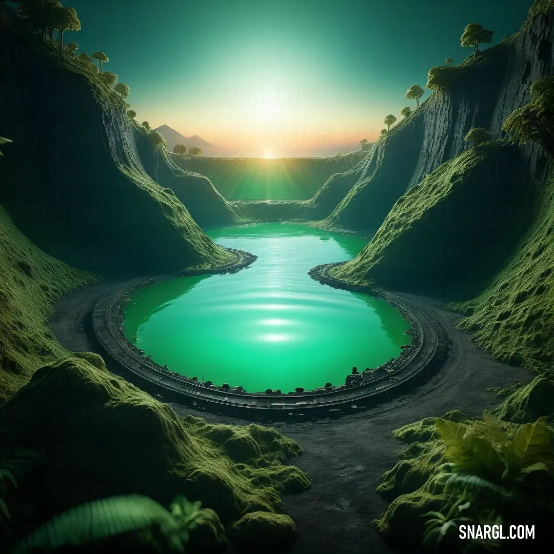 Aquamarine color. Painting of a river surrounded by mountains and a road with a green lake in the middle of it