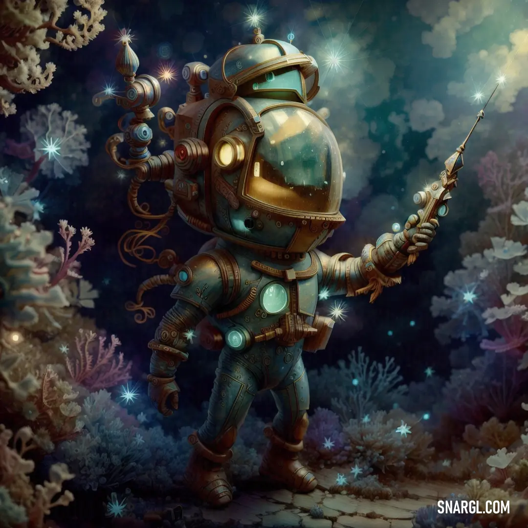 Painting of a robot holding a light saber in his hand and pointing to something in the distance with stars in the sky