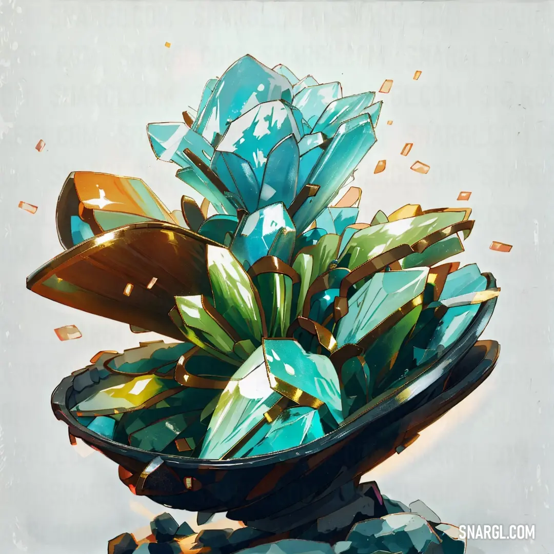 Painting of a vase with a bunch of crystals in it on a table top with a white background