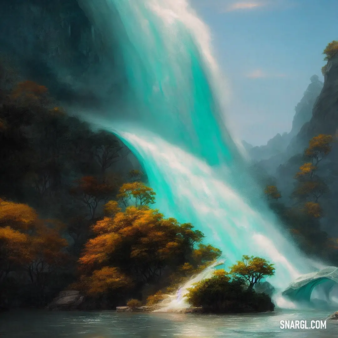 Painting of a waterfall with a waterfall in the background. Example of CMYK 50,0,17,0 color.