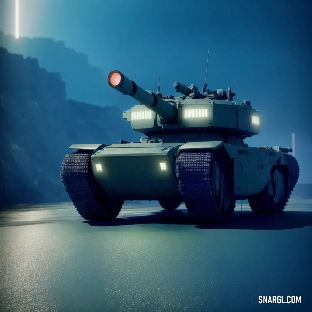 Tank with lights on driving down a road near a cliff side area with a light on the top of it