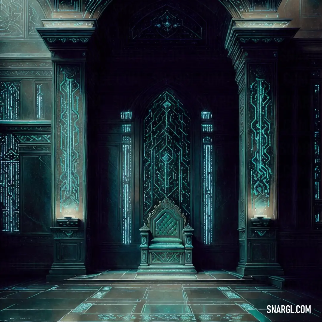 Throne in a dark room with a light shining on it's walls and flooring on the floor