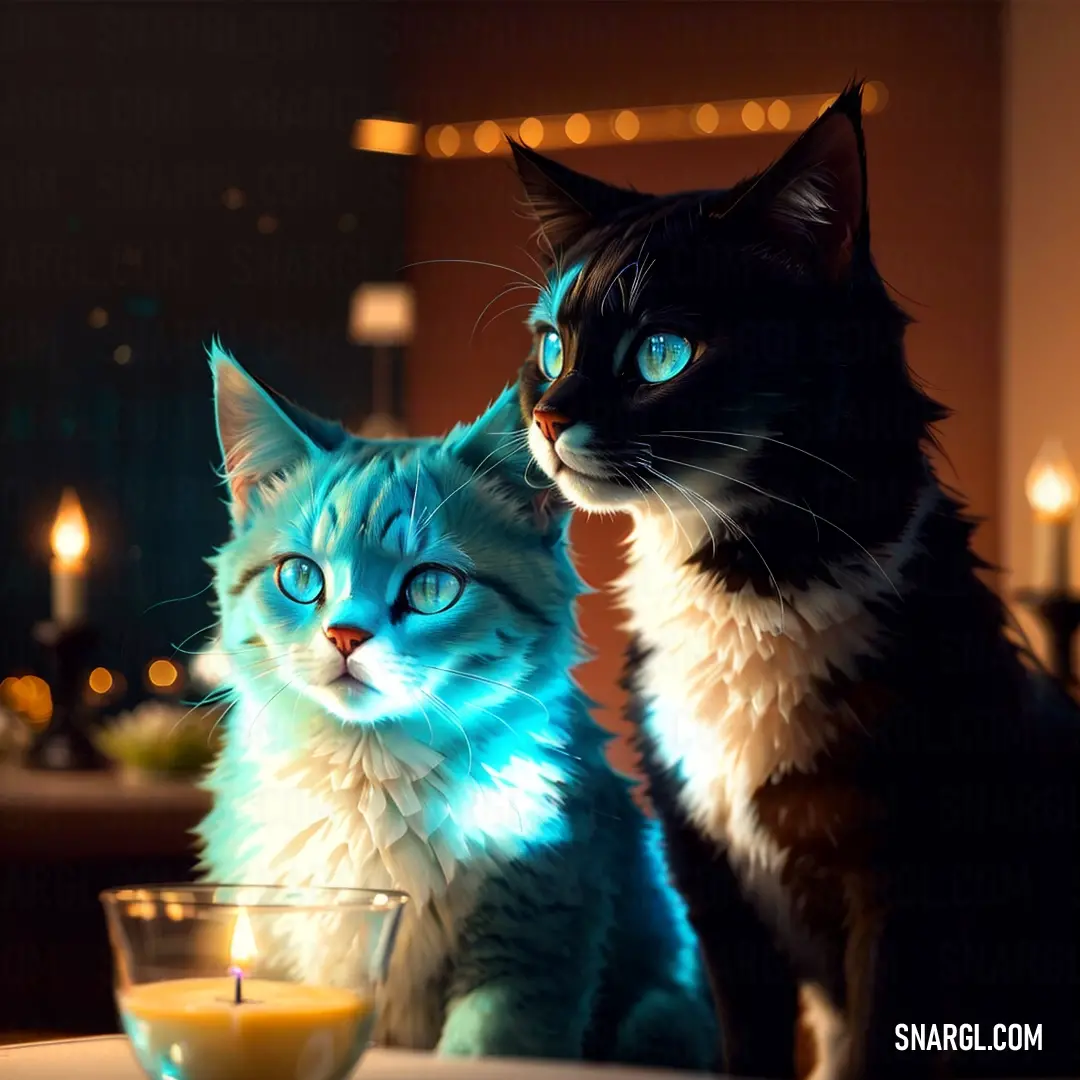 Two cats next to each other on a table with a glass of orange juice in front of them