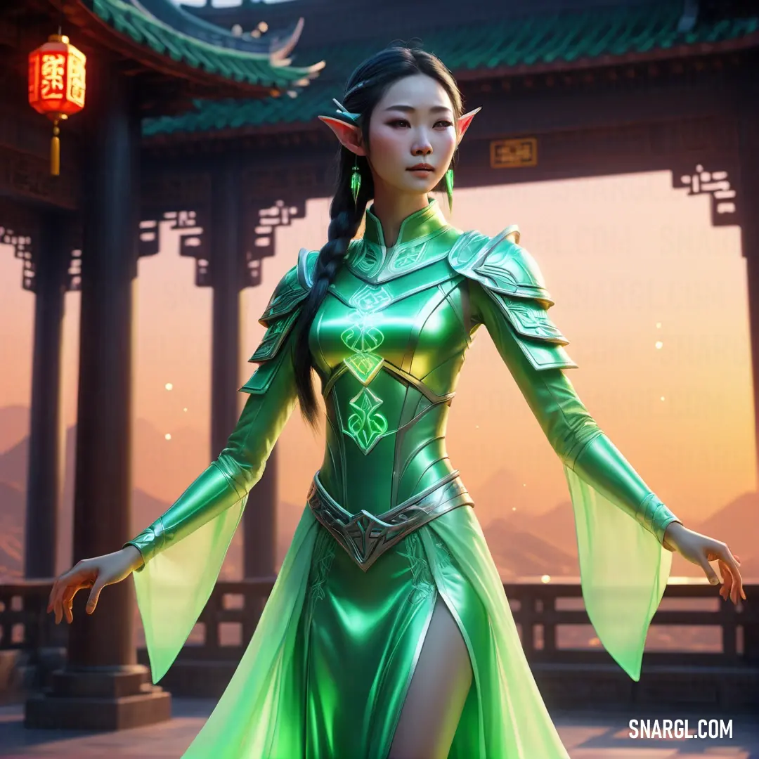 Aquamarine color example: Woman in a green costume standing in front of a building with a lantern in her hand