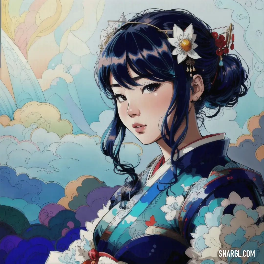 Woman in a kimono with a flower in her hair and clouds in the background with a sky