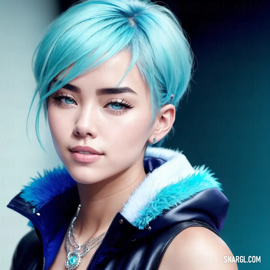 Woman with blue hair and a black jacket with a fur collar and a necklace on her neck and a necklace on her neck