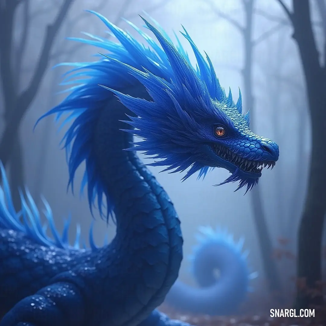 In a misty forest, a striking Blue Aquamentus with piercing red eyes stands tall among the trees, its vibrant hues blending with the eerie fog that envelops the landscape, creating a sense of adventure and mystery.