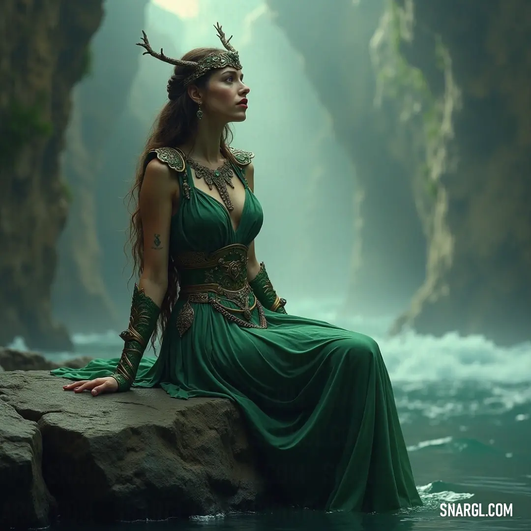 Aquaria in a unique green dress and deer's headdress stands gracefully on a river rock, connecting with nature. Aquaria stands elegantly on a rock amidst a flowing river, wearing a unique green dress adorned with a deer's headdress, merging seamlessly with the natural surroundings that celebrate the harmony between humanity and nature.
