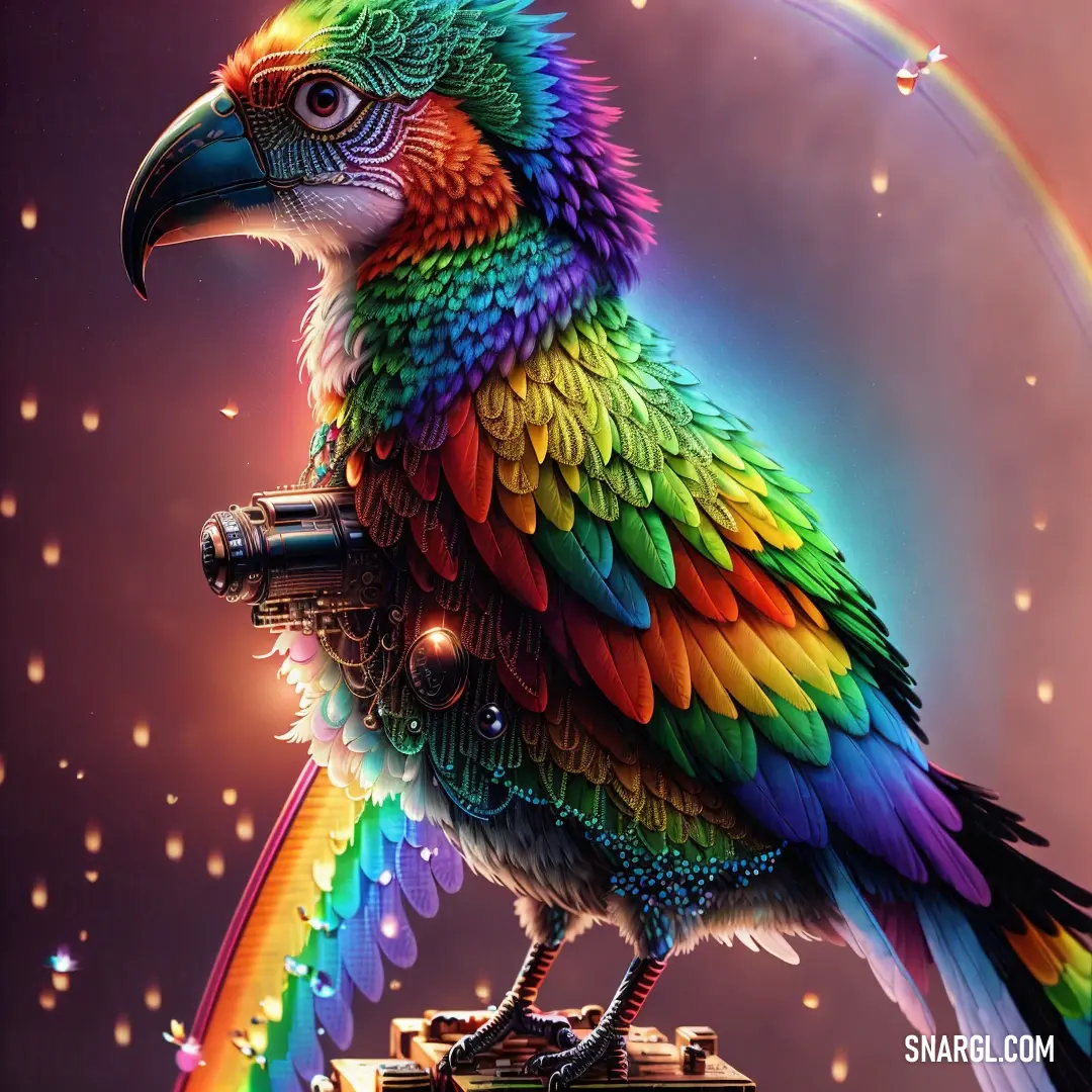 Colorful bird on top of a rainbow colored object with a rainbow in the background