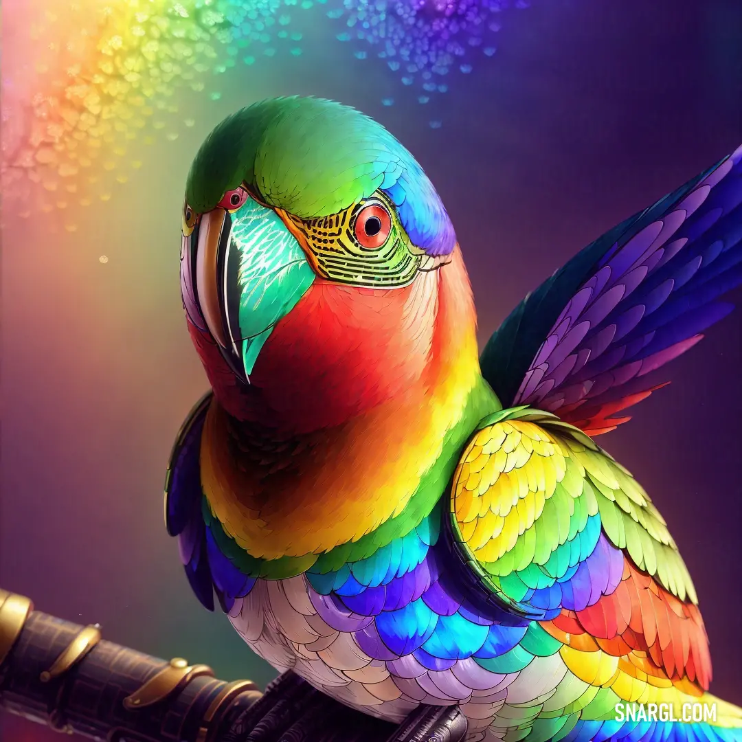 Colorful bird perched on a metal pole with a rainbow background and bubbles of water behind it