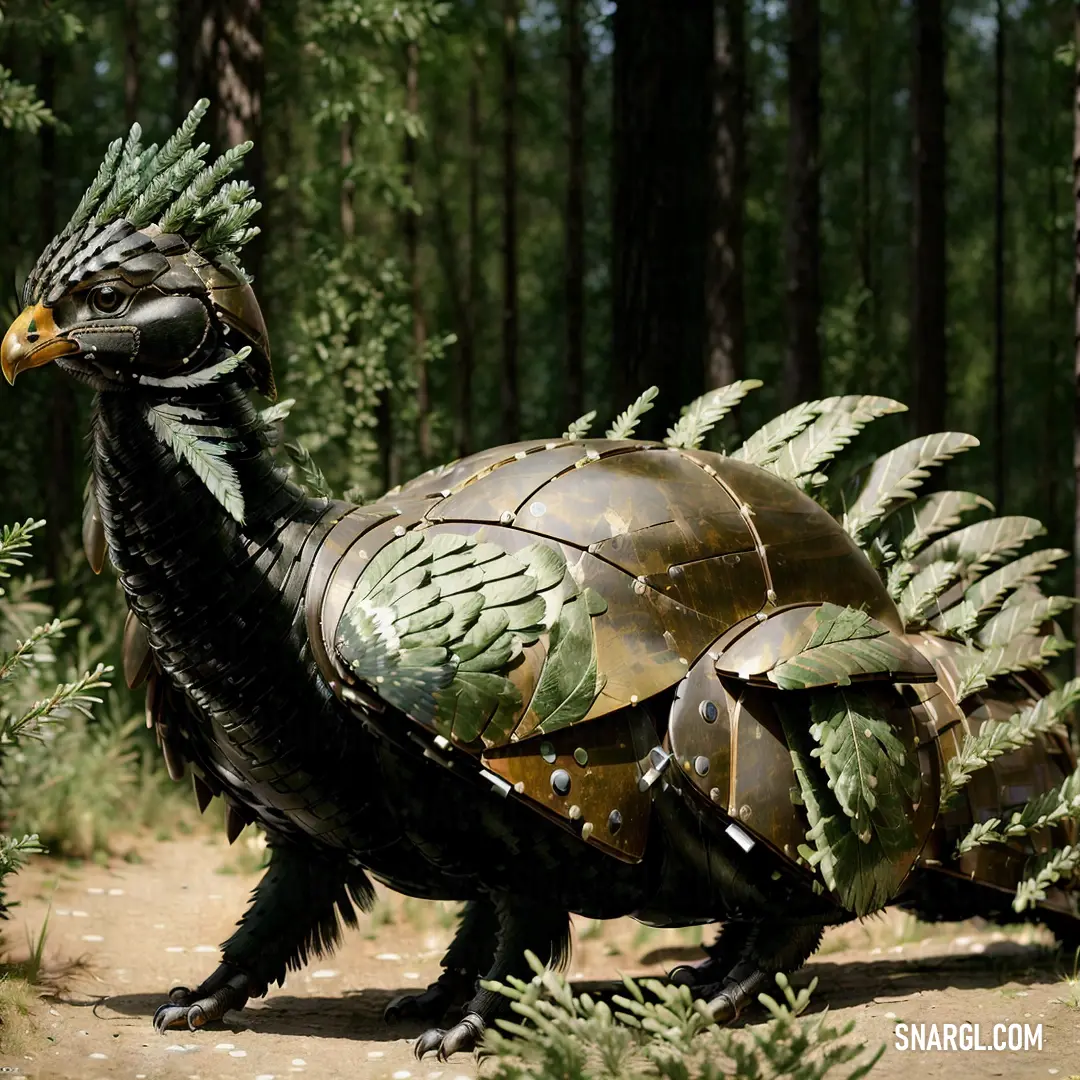 Large bird with a helmet on its head walking in the woods with a fern on its back