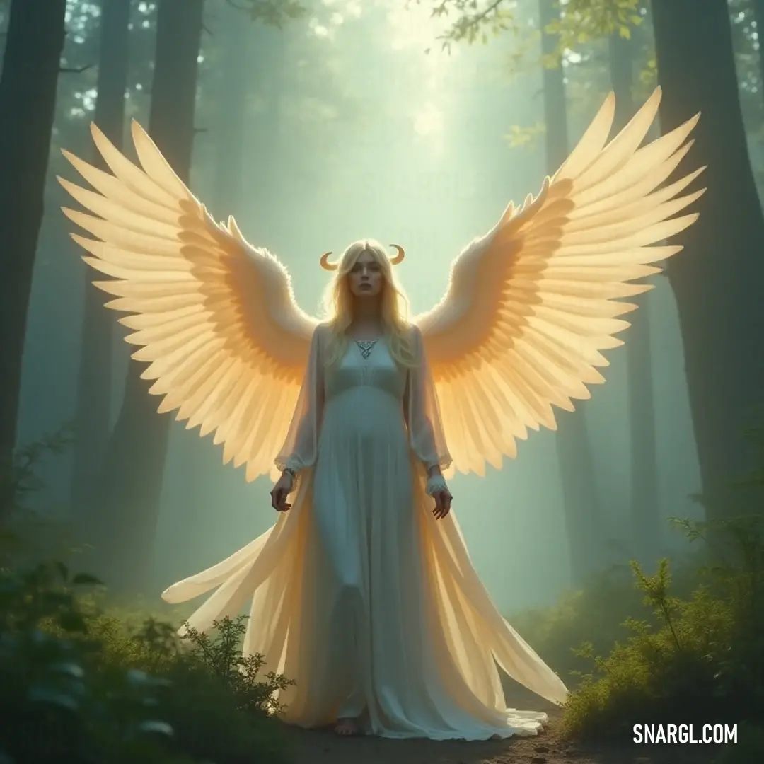 Celestial figure with angelic wings standing amidst an enchanting forest, radiating peace and mystery. A celestial being with radiant angel wings stands amidst the shadows of a lush forest. Her presence is both serene and commanding, as she gazes peacefully into the distance, surrounded by ancient trees that whisper secrets of the ages.