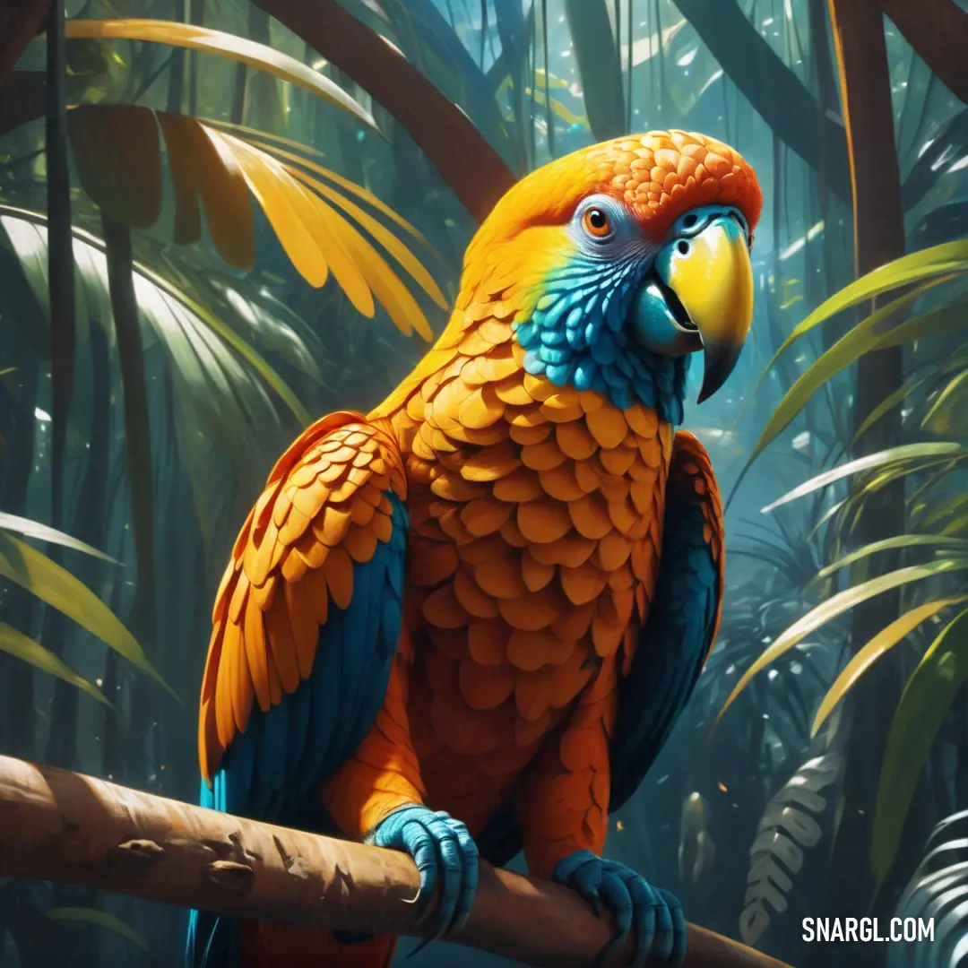 Colorful parrot perched on a branch in a jungle setting with palm trees and foliage in the background