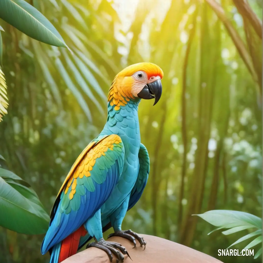 Colorful parrot perched on a branch in a forest of trees and plants