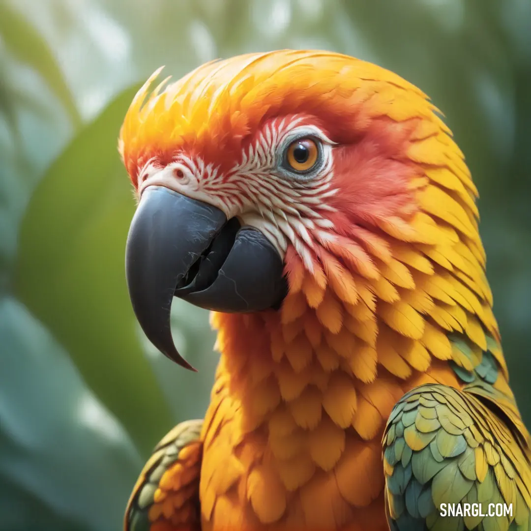 Colorful parrot with a black beak and orange and yellow feathers is standing in front of a green leafy background