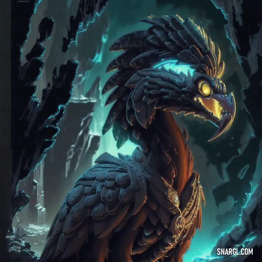 Painting of a dragon with a glowing eye and a large head with a long tail