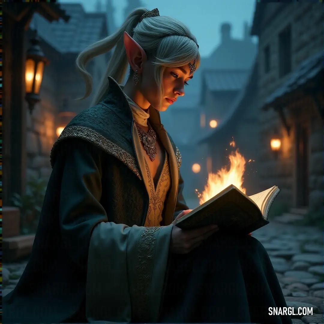 Aravis stands in the middle of a dark street, her costume glowing with an eerie light. In one hand, she holds a book, while the other cradles a glowing fire, casting an ethereal light on her face. Her head radiates a soft glow, adding to the mystique of t