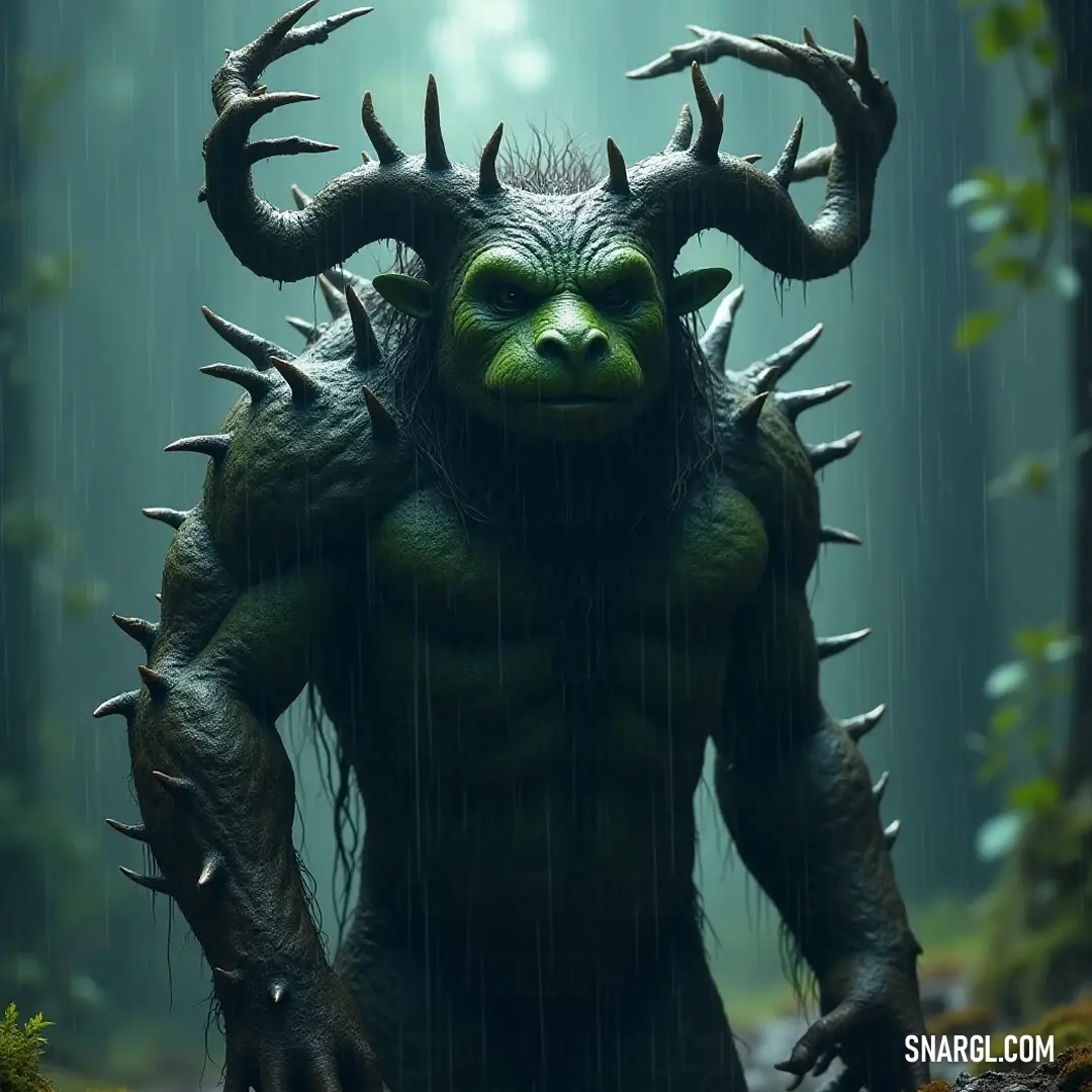 Amidst the gentle patter of rain, an Arbor Guardian stands regally in the lush greenery, its horned silhouette framed by the rich textures of trees and bushes, radiating an aura of strength and tranquility in the forest.