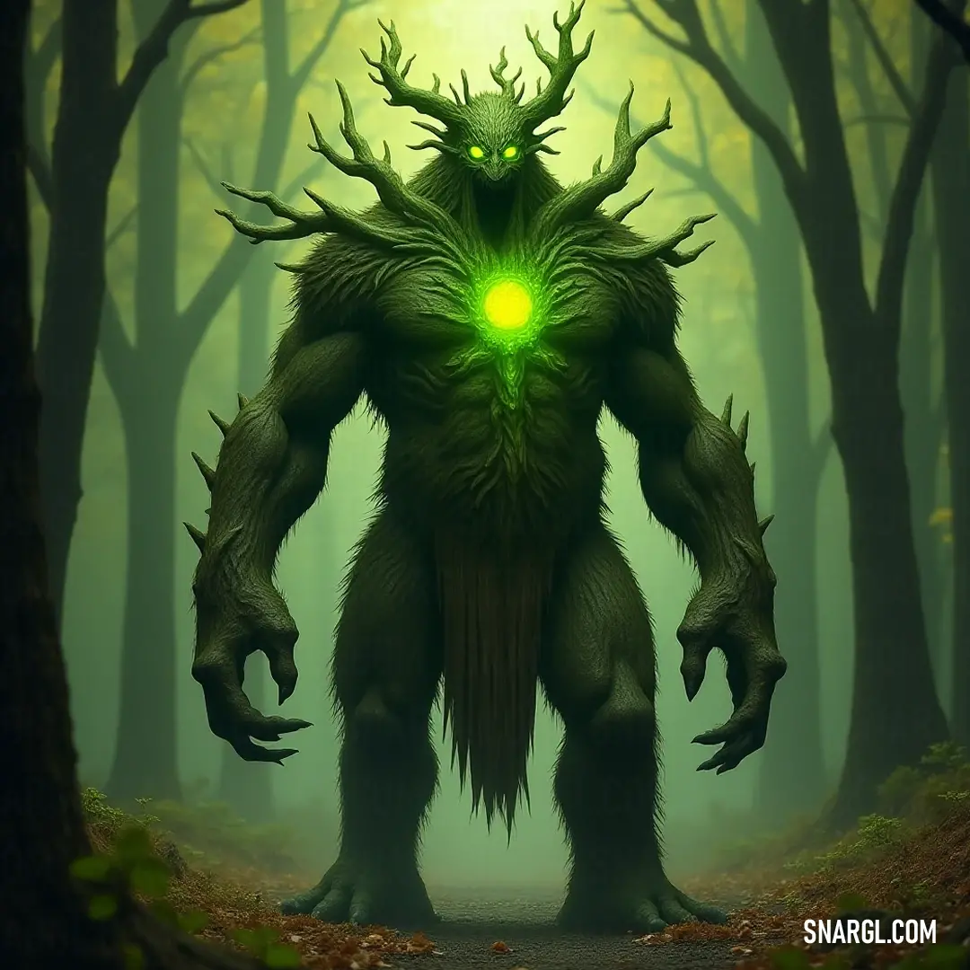 Dazzling Green Arbor Guardian with luminous eyes and majestic horns, surrounded by nature's vibrant foliage and fallen leaves. A Green Arbor Guardian with striking horns stands proudly among the diverse trees, emanating a magical glow amidst the fallen leaves, embodying the spirit of the forest in its tranquil beauty and silent strength.