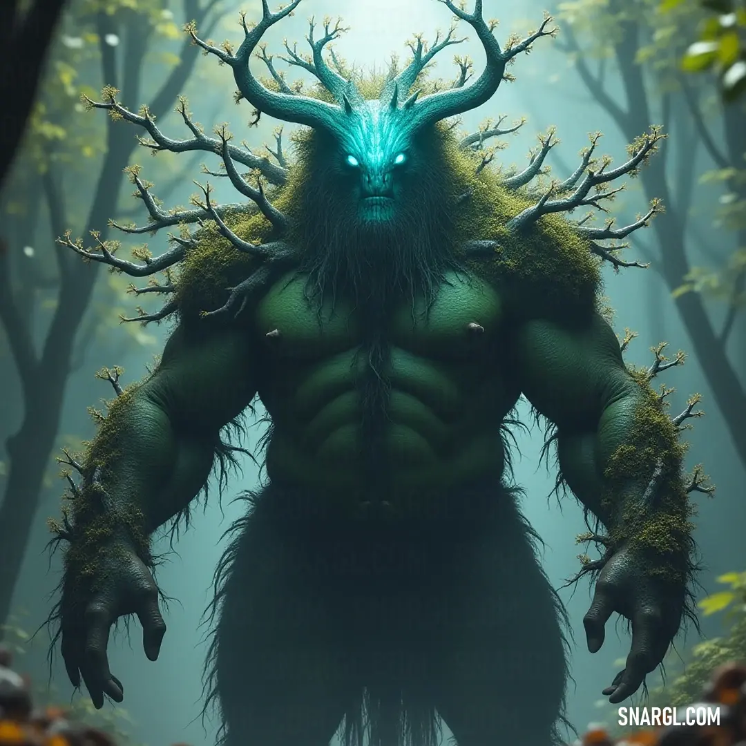 The Green Arbor Guardian with prominent horns, immersed in a lively forest of trees and leaves, serves as a protector of the woodland realm. The Green Arbor Guardian, crowned with horns, is surrounded by vibrant foliage as it stands vigil in a lush, sun-dappled woodland, merging seamlessly with its earthy home.