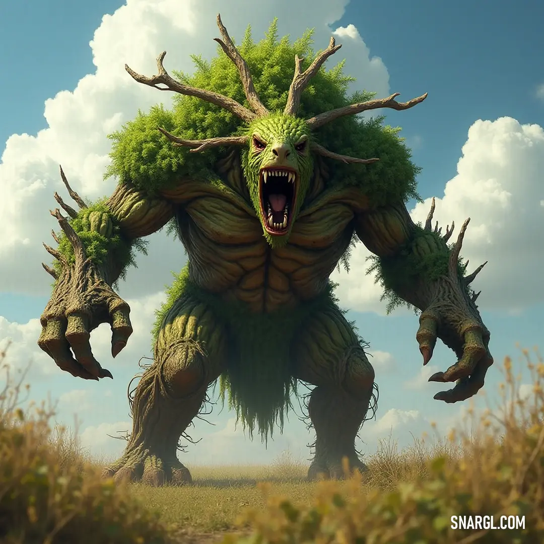A formidable Giant Arbor Keeper, with massive teeth and hands, resides in a sunlit field filled with grass, adorned by wispy clouds, serving as both protector and guardian of the natural landscape around it.