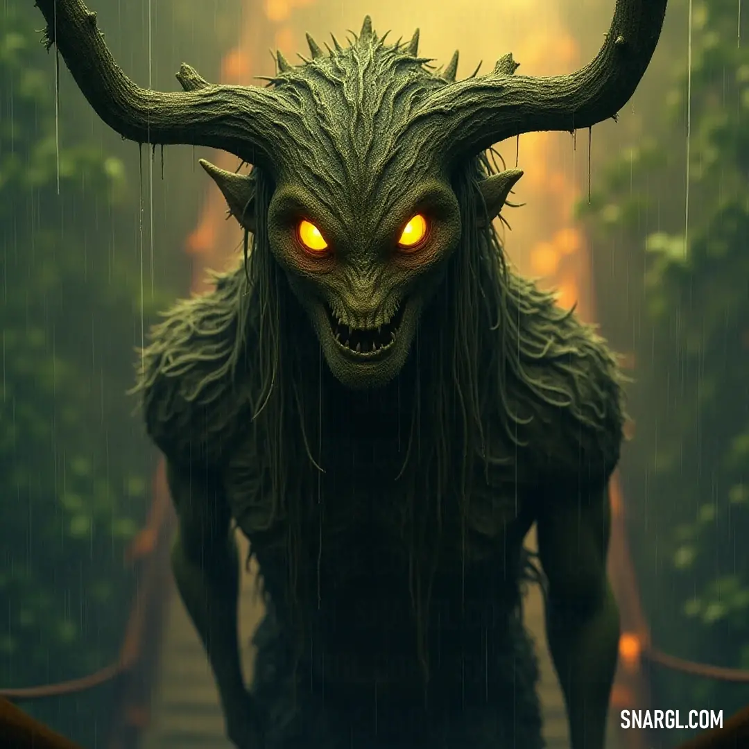 A whimsical Arbor Warden with bright yellow eyes walks through a serene rainy path, umbrella in hand, blending charm with nature's tranquil ambiance. An enchanting Arbor Warden with striking yellow eyes and flowing hair strolls down a rain-soaked path, holding an umbrella, creating a surreal atmosphere in the misty landscape.