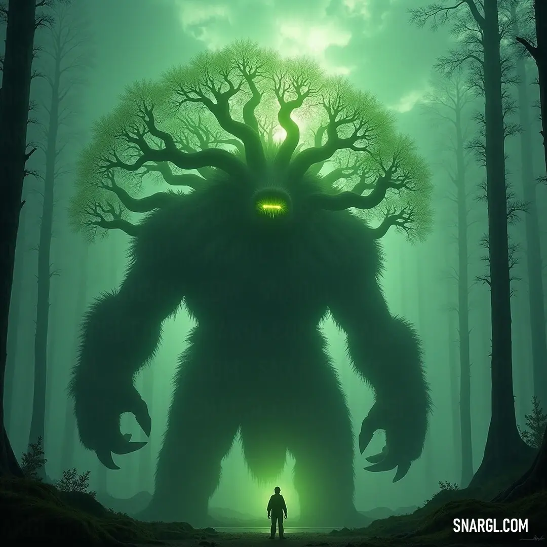 The brave Arborus faces a monumental creature in an ancient forest, highlighted by a mesmerizing glowing eye at the heart of the scene. An Arborus stands valiantly before a titanic monster, set against a backdrop of an ancient forest, where the glowing eye at the center captivates and unites the two powerful beings.