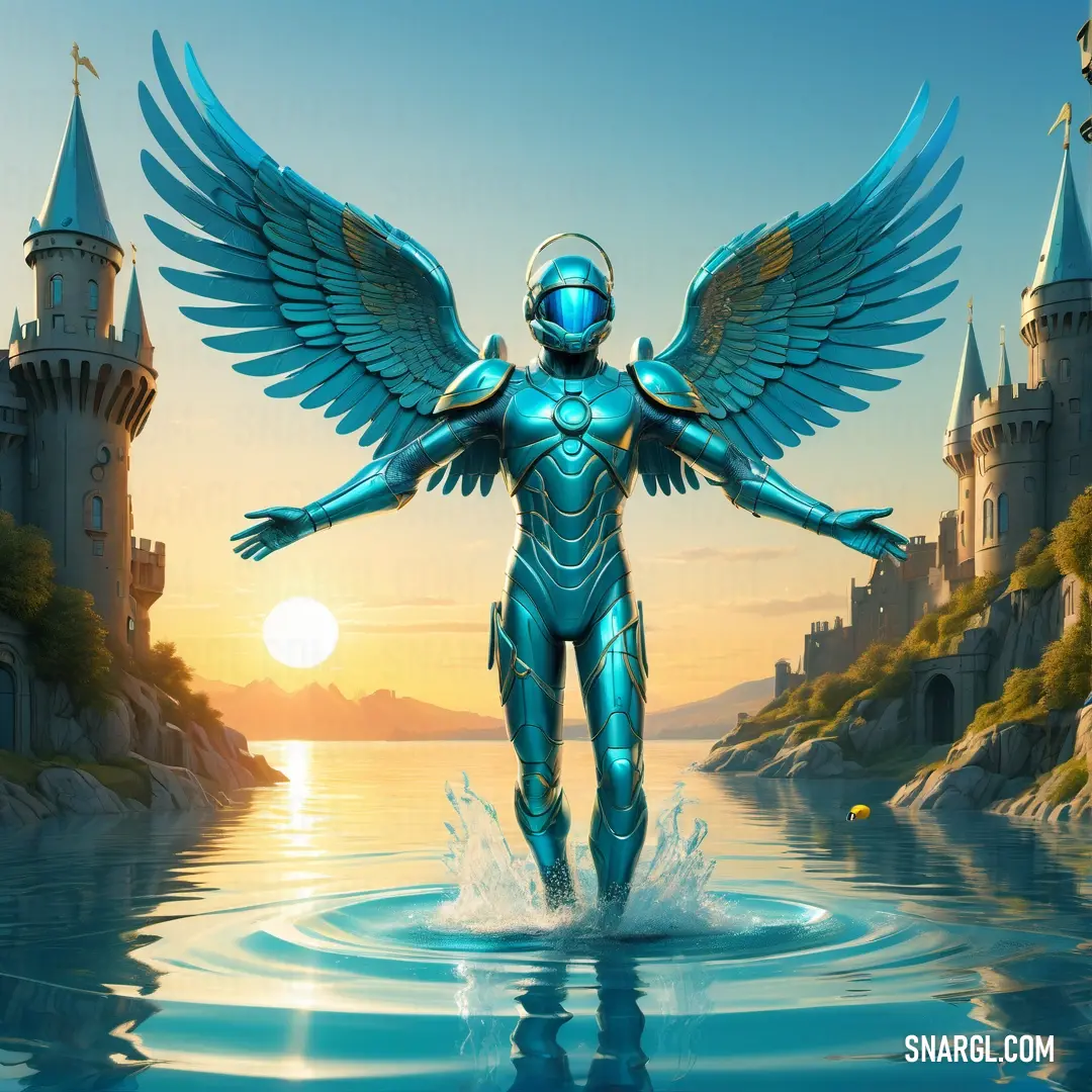 Futuristic male Archangel with wings standing in the water with a castle in the background at sunset or sunrise time