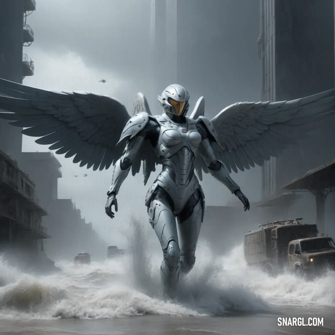 Futuristic female Archangel with wings walking through a city street in the rain with a large white bird on her shoulder