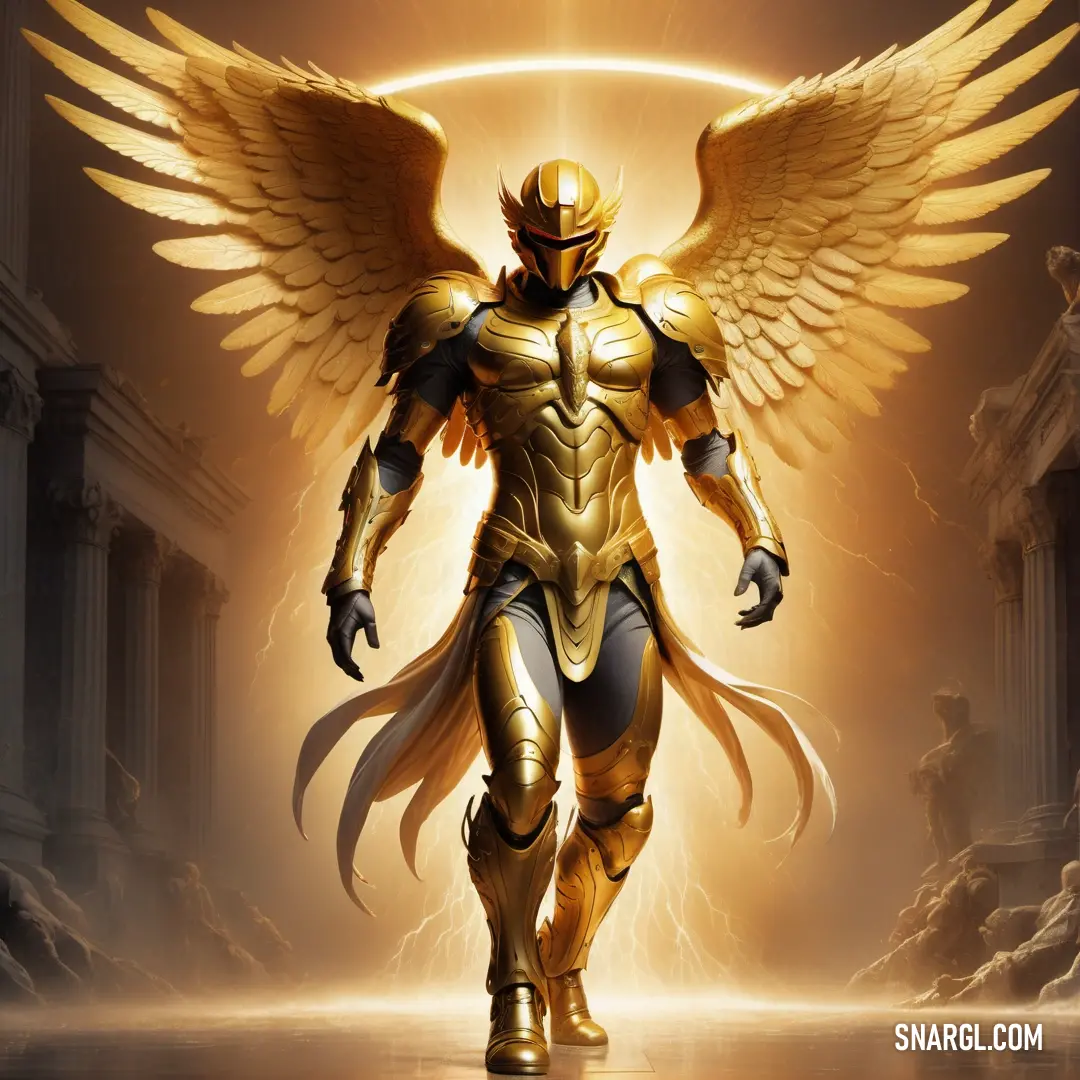 Golden angel with wings and a halo around his neck walking through a hallway with columns