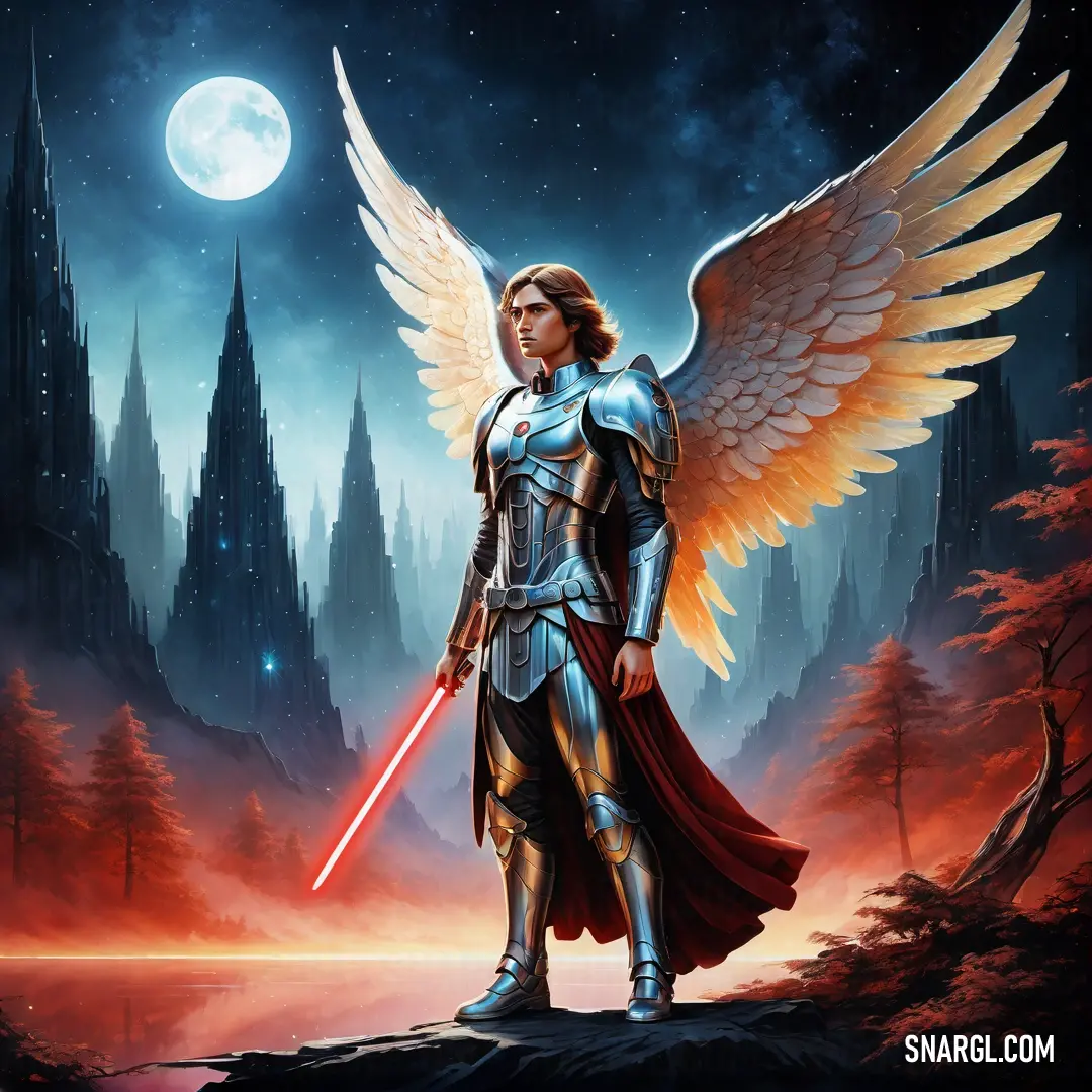 Archangel dressed as a knight with a sword in his hand and wings outstretched