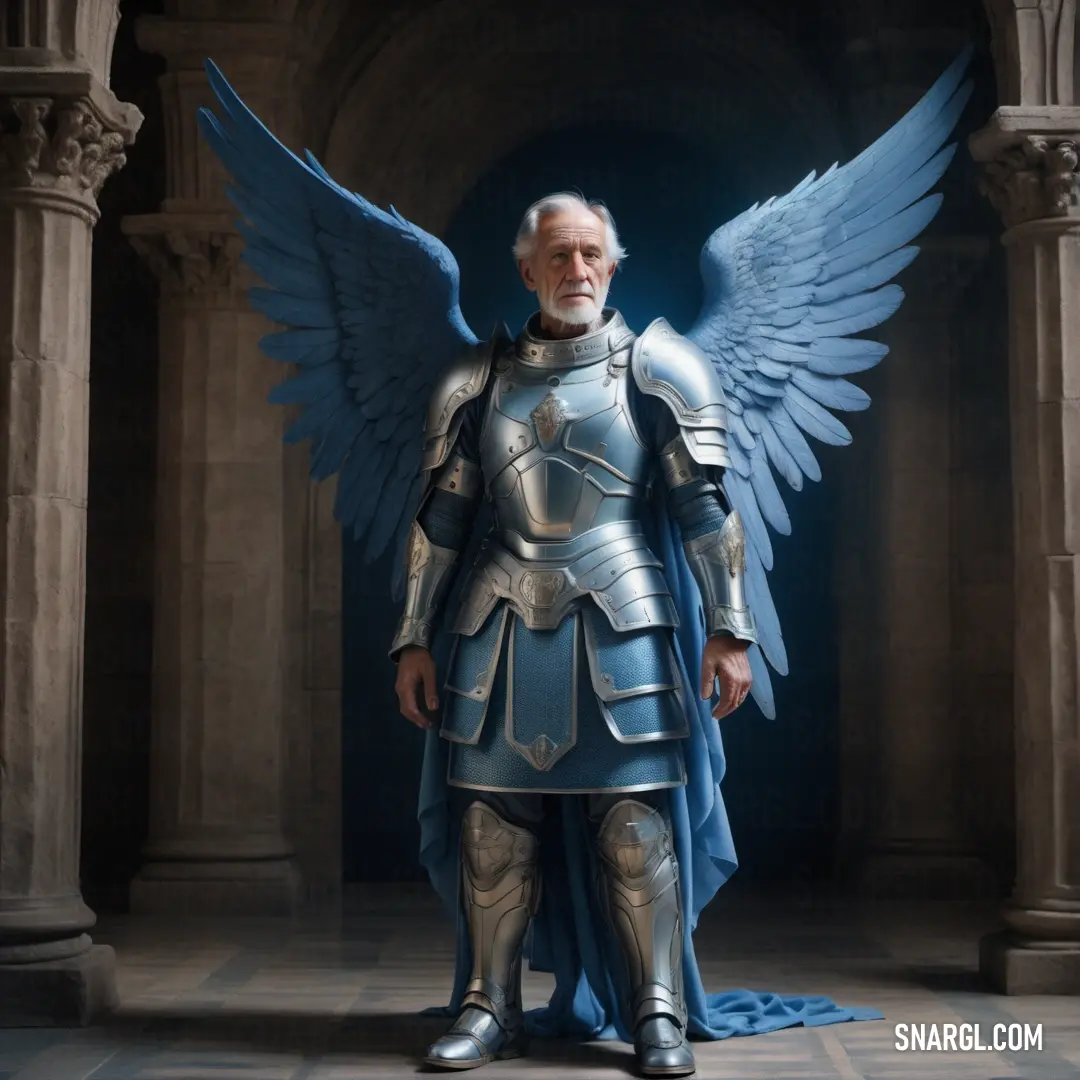 Archangel dressed in armor with wings standing in a hallway with columns and a doorway in the background