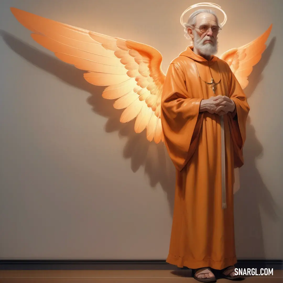Archangel dressed in orange with a large angel wings on his back and a halo around his head