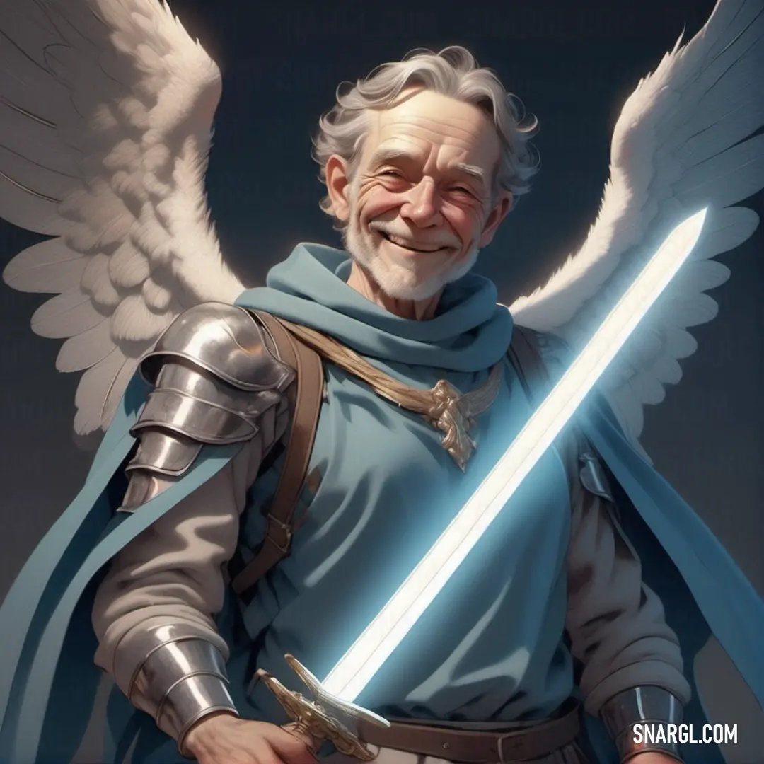 Archangel in a blue shirt holding a sword and a sword with wings on it's chest
