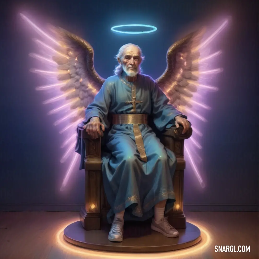 Archangel in a chair with angel wings on his back and a halo above his head