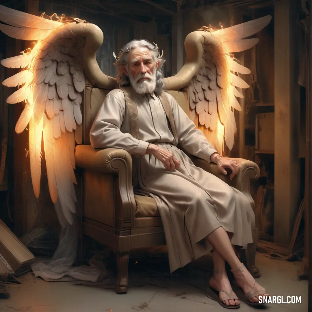 Archangel in a chair with wings on his head and legs