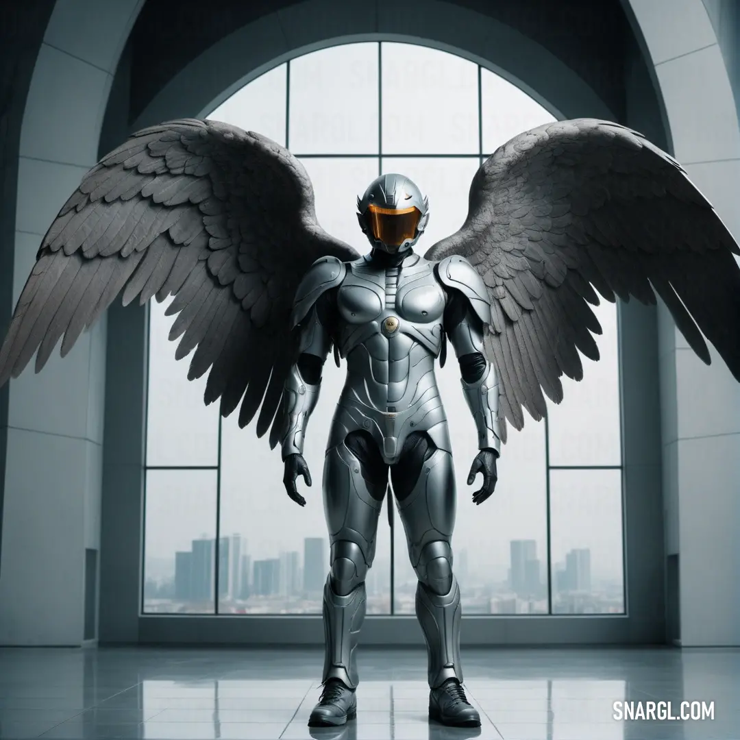 Archangel in a futuristic suit with wings on his chest and a helmet on his head