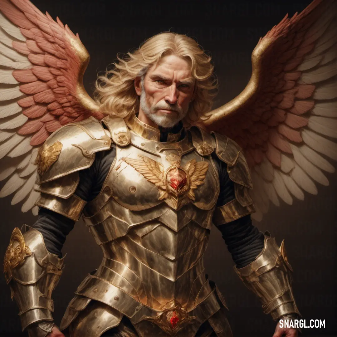 Archangel in a gold armor with wings on his chest and a beard