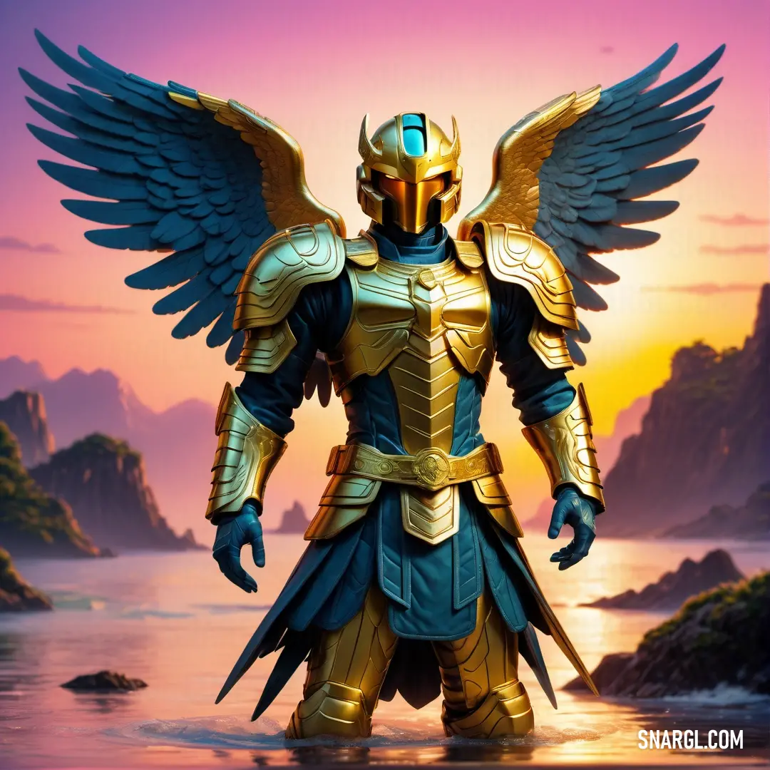 Archangel in a golden armor with wings standing in the water with a sunset in the background