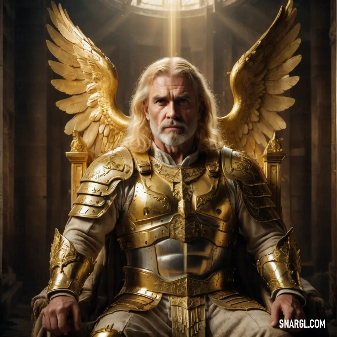 Archangel in a golden armor on a golden throne with wings on his chest and a halo above his head