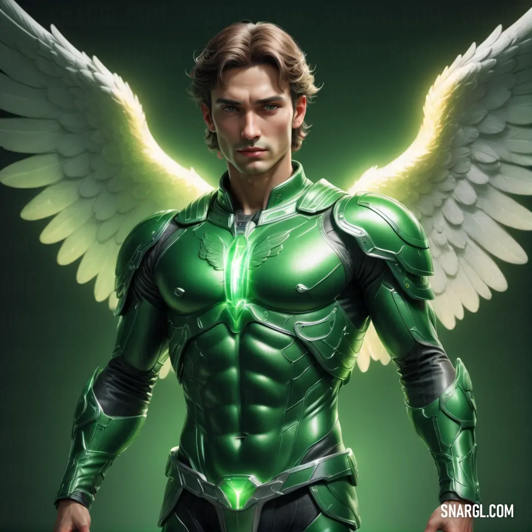 Archangel in a green suit with wings on his chest