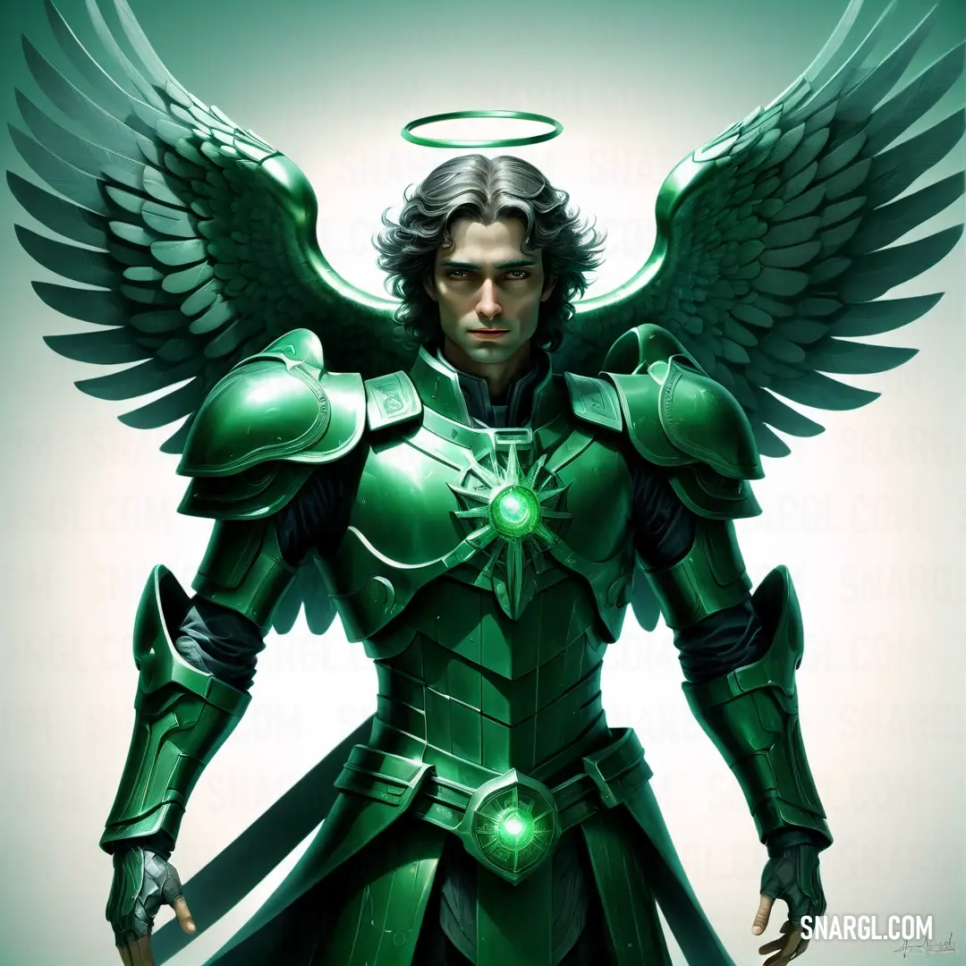 Archangel in a green suit with wings on his chest and a halo around his neck and shoulders