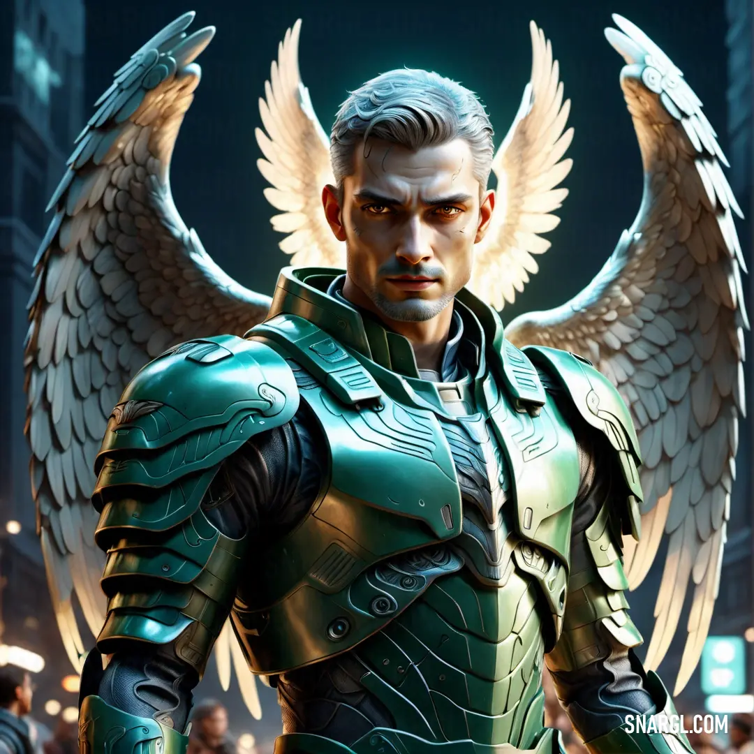 Archangel in a green suit with wings on his chest and a city in the background with buildings and lights