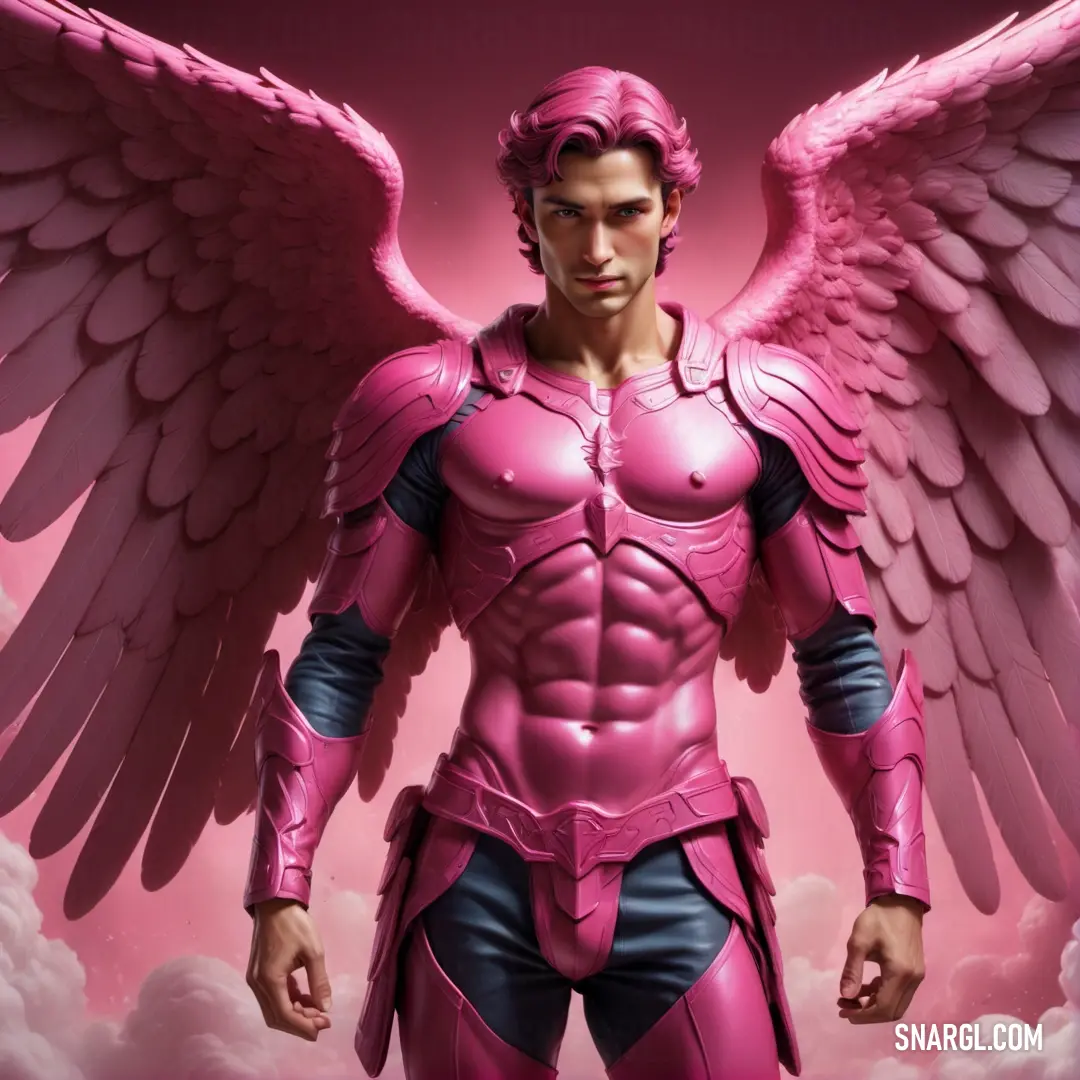 Archangel in a pink suit with wings on his chest
