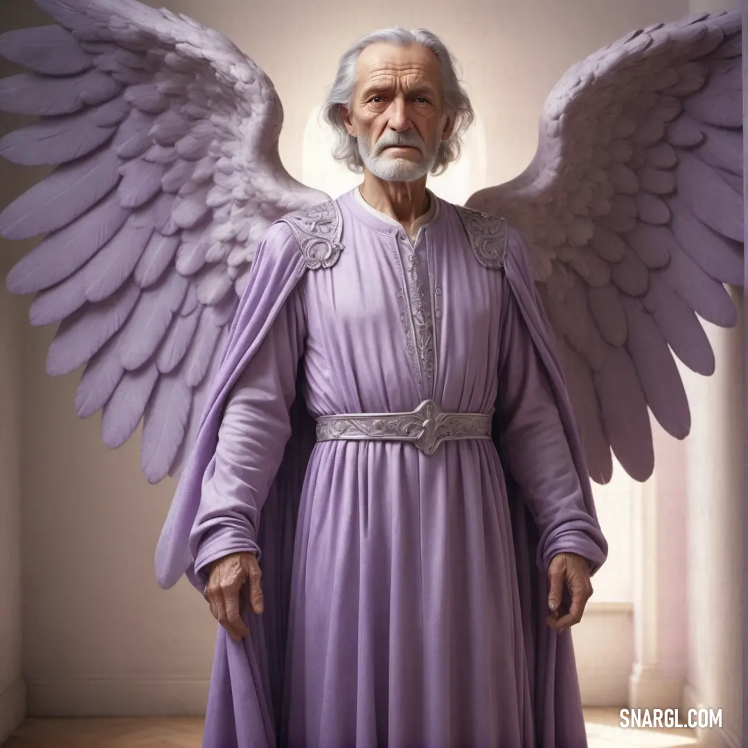 Archangel in a purple dress with wings on his chest and a halo around his neck