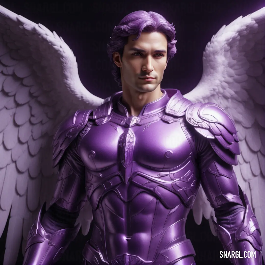 Archangel in a purple suit with wings on his chest