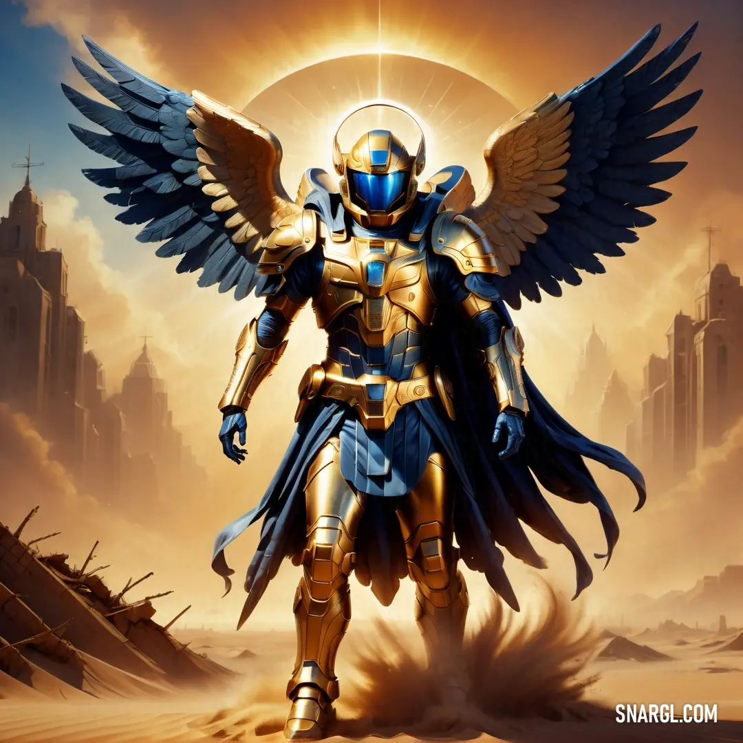 Archangel in a suit with wings standing in a desert area with a city in the background and a sun in the sky